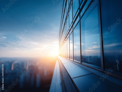 Modern glass skyscraper reflecting a vibrant sunrise over a blurred cityscape, symbolizing urban growth, architecture, and a new beginning