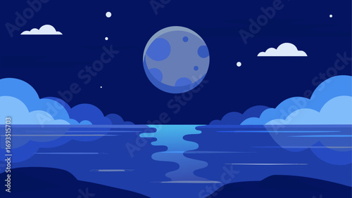 Night scene with moon clouds and water