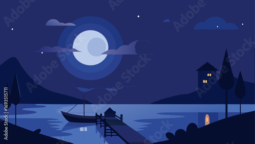 A scenic night landscape with full moon