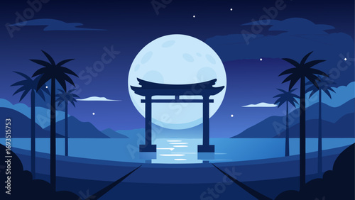 Torii gate and moon at tropical night time