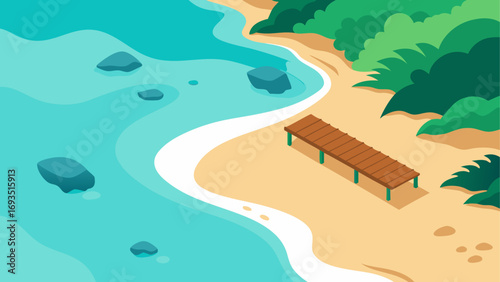 A beach with a pier and some green trees