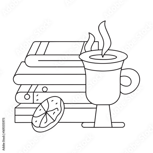 Line Art Illustration of Stacked Books with a Steaming Cup of Coffee and a Citrus Slice Keywords: books, reading, literature, education, knowledge, learning, story, novel, fiction, non-fiction