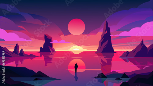 Silhouette at sunset on a purple lake view