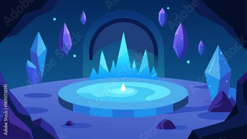 Illustration of a crystal cave with a pool