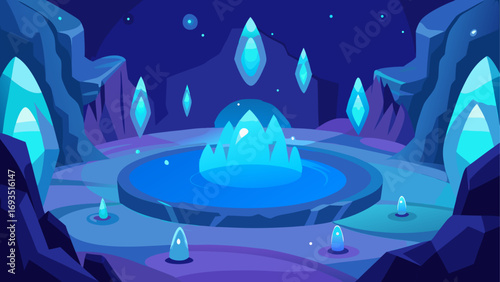 Illustration of a crystal cave with a pool