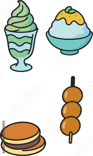Four Japanese desserts, including matcha ice cream, shaved ice, mochi, and pancakes.
