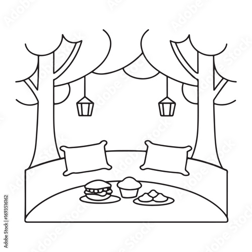 Outdoor picnic scene under trees with lanterns food and pillows on white background Keywords: picnic, outdoor, trees, branches, lanterns, hanging lanterns, food, burger, cupcake, pastries, plate