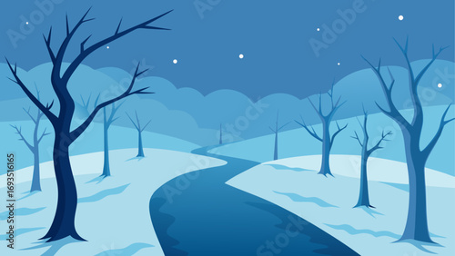 Winter landscape with river and bare trees