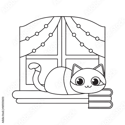 Adorable cartoon cat with big eyes sitting on windowsill with books and string lights line art Keywords: cat, kitten, feline, animal, pet, window, windowsill, books, reading, literature, string