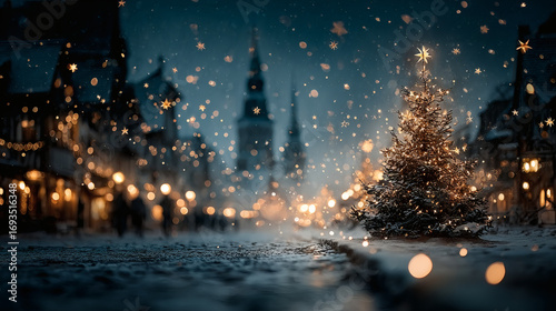 Xmas tree decorated with stars and fairy lights glowing against snowy night sky winter greeting scene