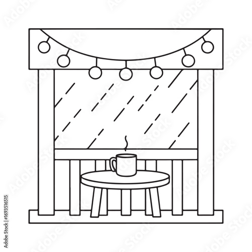 Cozy balcony scene with string lights and a steaming mug on a table terrace patio