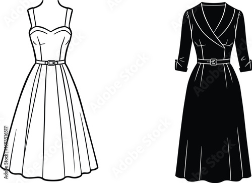 Fashion flat sketch belted dress set with strappy sleeveless and long sleeve wrap style women’s clothing illustration sewing pattern template