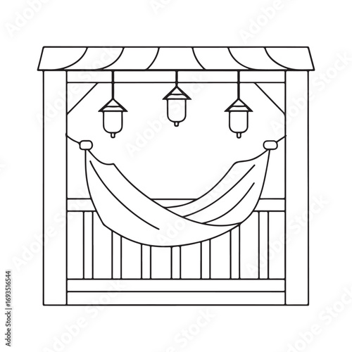 Outdoor Gazebo Outline with Hammock and Hanging Lanterns Keywords: gazebo, outline, drawing, line art, hammock, hanging, lanterns, outdoor, structure, shelter, relaxation, leisure, garden