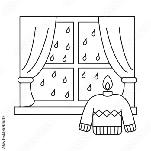 Rainy window view with sweater and candle on windowsill, line art illustration raining drops