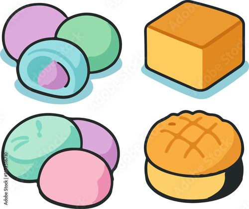 Cartoon illustration of mochi and other sweet treats.