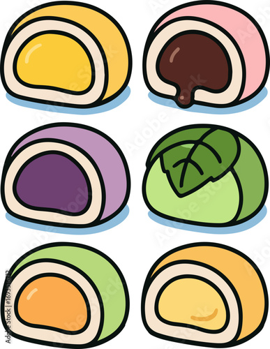 Assortment of colorful and delicious looking mochi or similar Japanese sweets, with various fillings and designs.