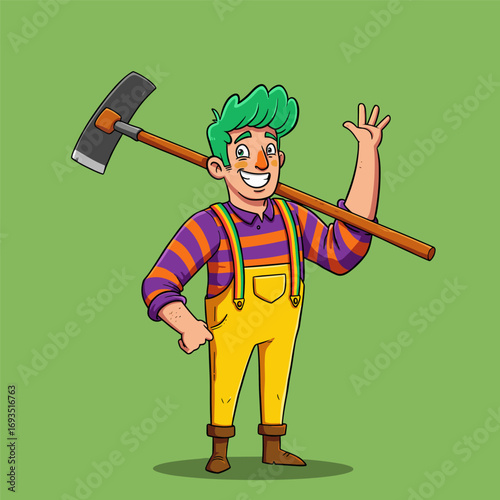 A cheerful character with green hair holds a pickaxe and waves, dressed in bright overalls and a striped shirt.
