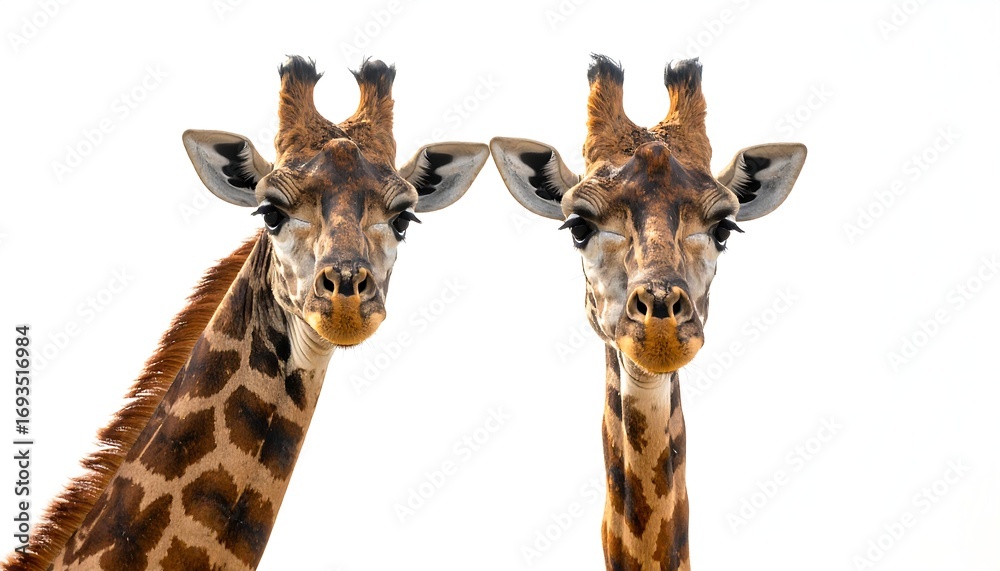 Naklejka premium Two Giraffes Facing Forward/White Background