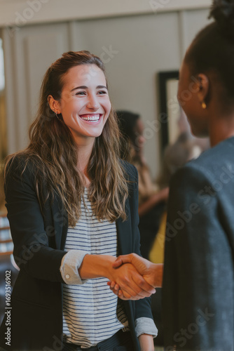 A foundation leader shaking hands with a new employee hired through their initiative Smiles show gratitude on both sides