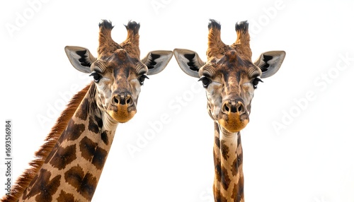 Fototapeta Naklejka Na Ścianę i Meble -  Two Giraffes Facing Forward/White Background