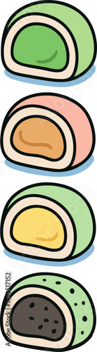 Four colorful mochi desserts, each with a different filling and exterior color, presented in a vertical arrangement.