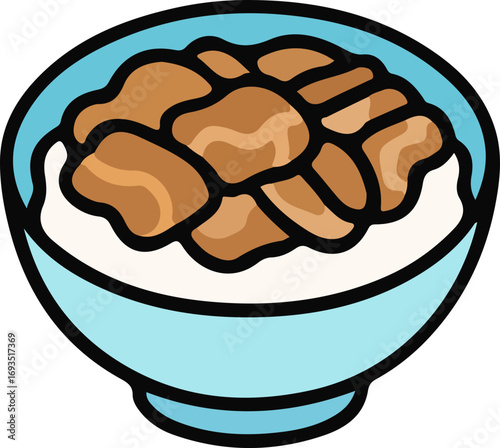 A cartoon illustration of a Japanese gyudon beef and rice bowl.