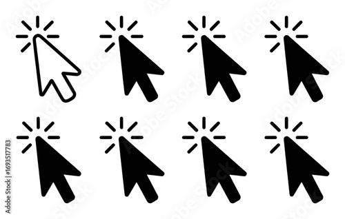A Collection of Cursor Icons: One Outline and Seven Solid Black Clicks
