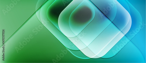 Abstract composition features layered translucent squares, gradients shifting from green to blue. Soft lighting creates depth, modern aesthetic.