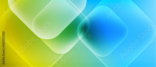 Abstract background features overlapping translucent squares. Colors transition from yellow, green, to blue. Soft gradients create luminous effect.