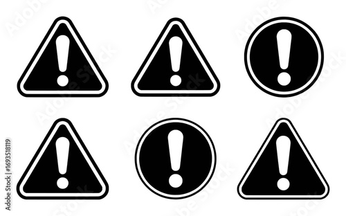 Collection of Black and White Exclamation Mark Warning Signs in Triangles and Circles