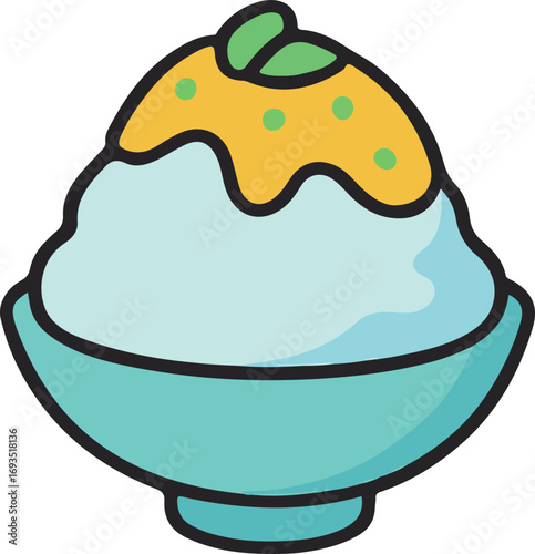 A colorful illustration of a shaved ice dessert with a sweet, yellow topping in a bowl.