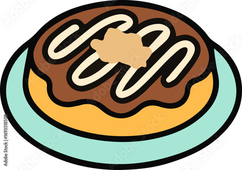 Okonomiyaki on a plate with mayonnaise swirls.