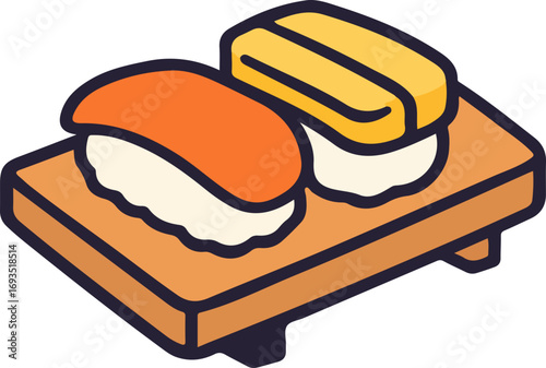 A simple vector illustration of two nigiri sushi, one with fish and one with tamago egg, on a wooden serving board.