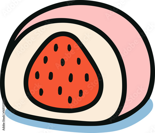 A simple cartoon illustration of a pink strawberry mochi, showing a cross-section with a whole strawberry inside.