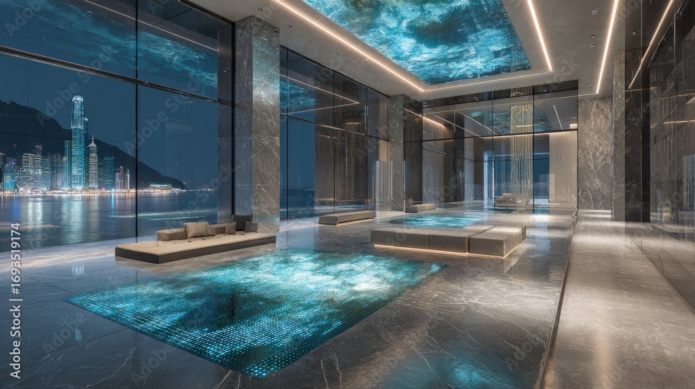 Fototapeta premium Modern Luxury Hotel Lobby At Night With City View