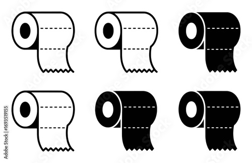 Six Toilet Paper Roll Icons: White and Black Variations
