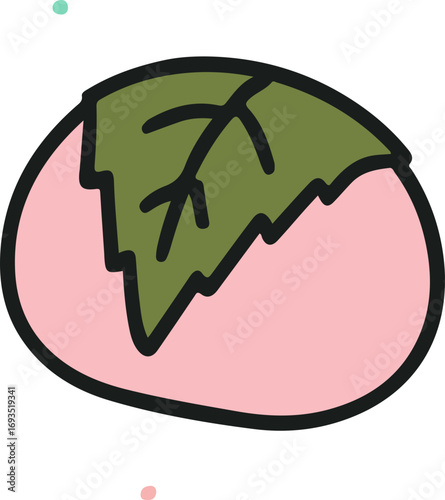 Illustration of a pink mochi dessert with a green leaf on top, a traditional Japanese sweet.