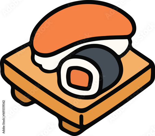 Illustration of sushi nigiri and maki roll on a wooden serving board.