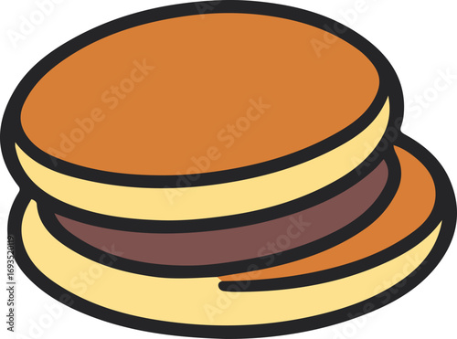 A simple, stylized illustration of a dorayaki, a Japanese dessert consisting of two small pancake-like patties made from castella, grilled and filled with sweet azuki bean paste.