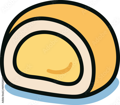 A close-up illustration of a sliced Swiss roll with a creamy filling, isolated.