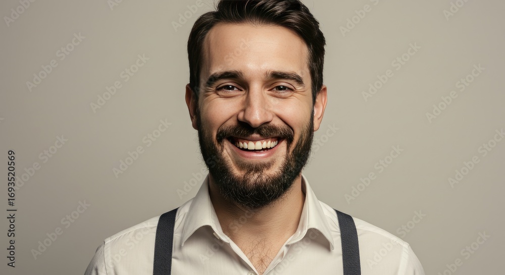 Obraz premium Cheerful Man with Beard and Suspenders Smiling