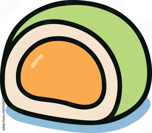 Close-up view of a slice of a colorful, round, Japanese confectionery, likely a mochi or similar dessert, with a light green outer layer and an orange interior.