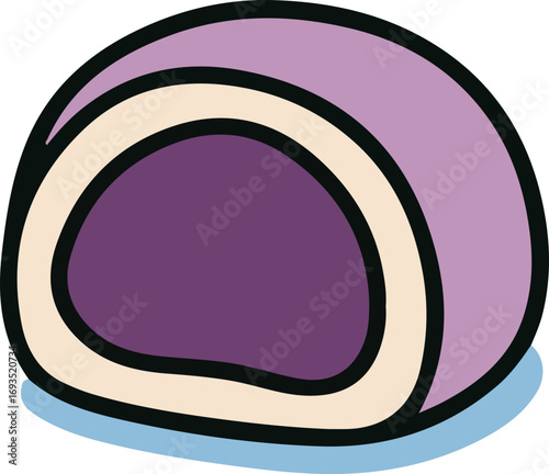 A stylized illustration of a purple mochi dessert with a creamy white filling.