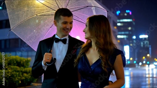 Elegant Couple Walking Under Umbrella at Night 4k video | Romantic City Rain Scene, Ai generated