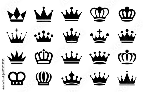 Collection of Black Silhouette Crown Icons on White Background