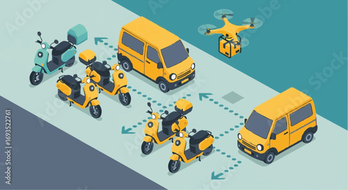 Isometric illustration of a delivery service using vans, scooters, and drones for efficient logistics and transportation solutions