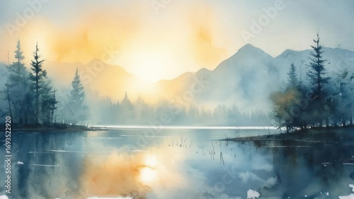 Serene sunrise over a tranquil lake, misty mountains in the background