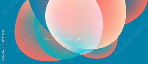 Abstract fluid shapes overlap, creating vibrant color gradients. Teal background complements peach, turquoise hues. Modern design element.