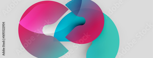Abstract shapes overlap, creating vibrant color blends. Pink, blue, turquoise hues dominate composition. Minimalist design, modern aesthetic.