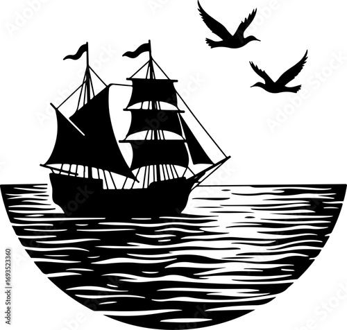 silhouette of a sailing ship, ship, boat, sea, sail, sailboat, sailing, ocean, water, yacht, pirate, vessel, nautical, old, travel, silhouette, mast, sunset, sky, schooner, transportation, summer, mar